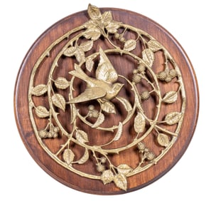 Bronze Bird / Leaves on Wood Wall Decoration