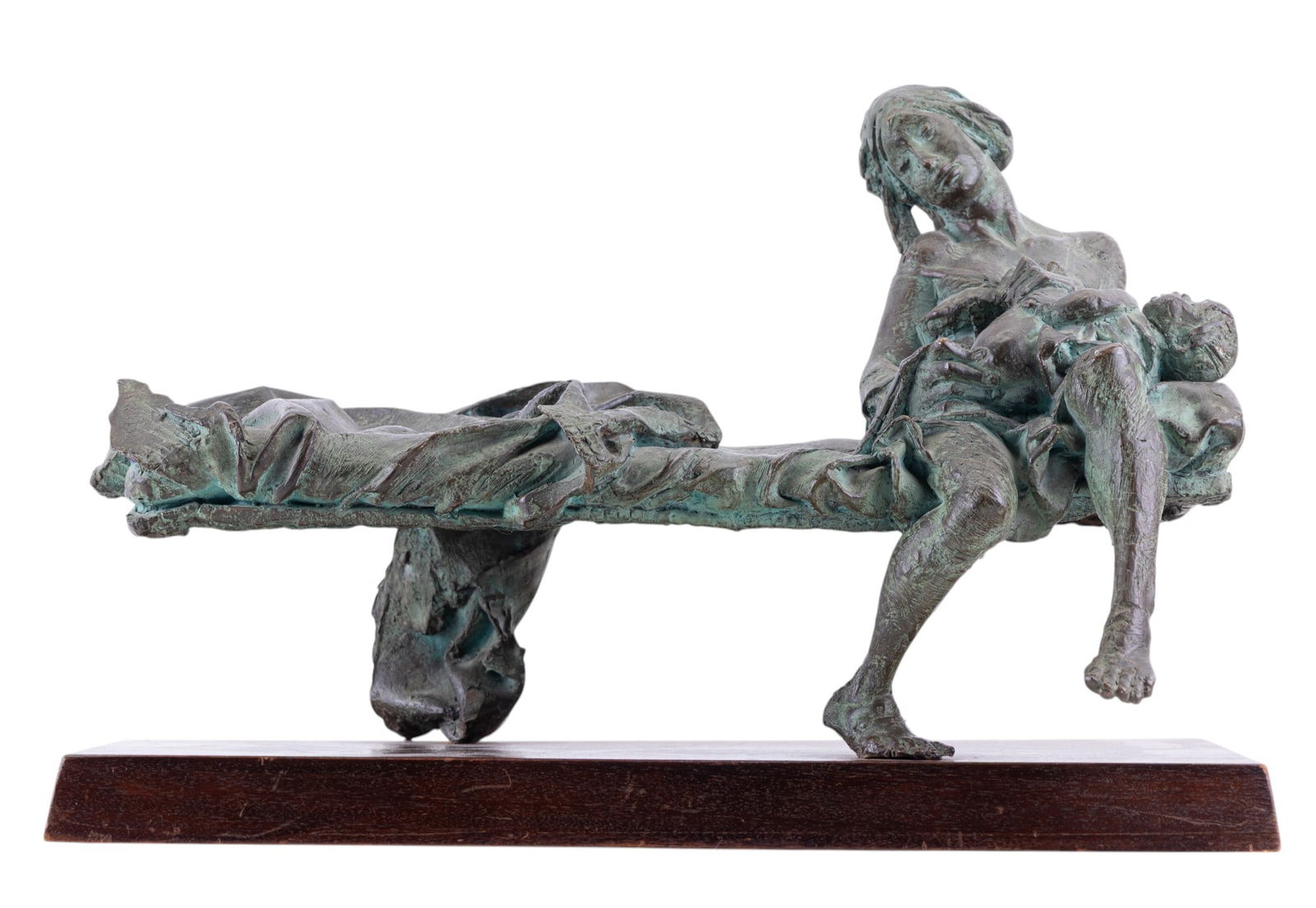 Bruno Lucchesi (1926) Bronze Mother and Child: A figural bronze of a mother wiping her child by Bruno Lucchesi, an Italian-American sculptor born in 1926. Signed "Lucchesi" on corner of bench. Item measures approximately 20.5" wide, 12" deep, and