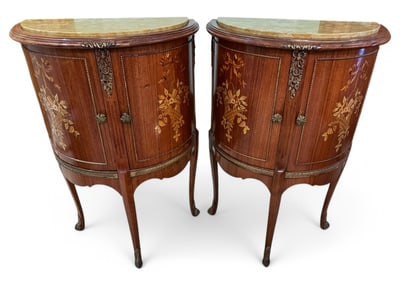 French Fruit Wood Inlay Demilune Side Tables