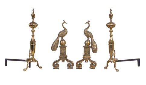 Early Brass Andirons, Figural Peacock Decorations