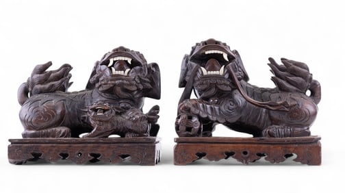 19th C Carved Chinese Hardwood Foo Lion Statuettes