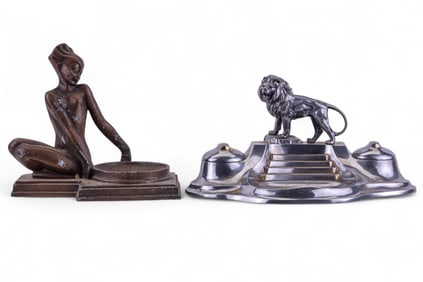 Art Deco Lion Inkwell and Bronzed Figurine w/Tray