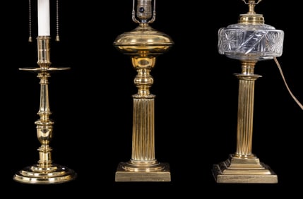 3 Brass Table Lamps, 2 with Glass Middles