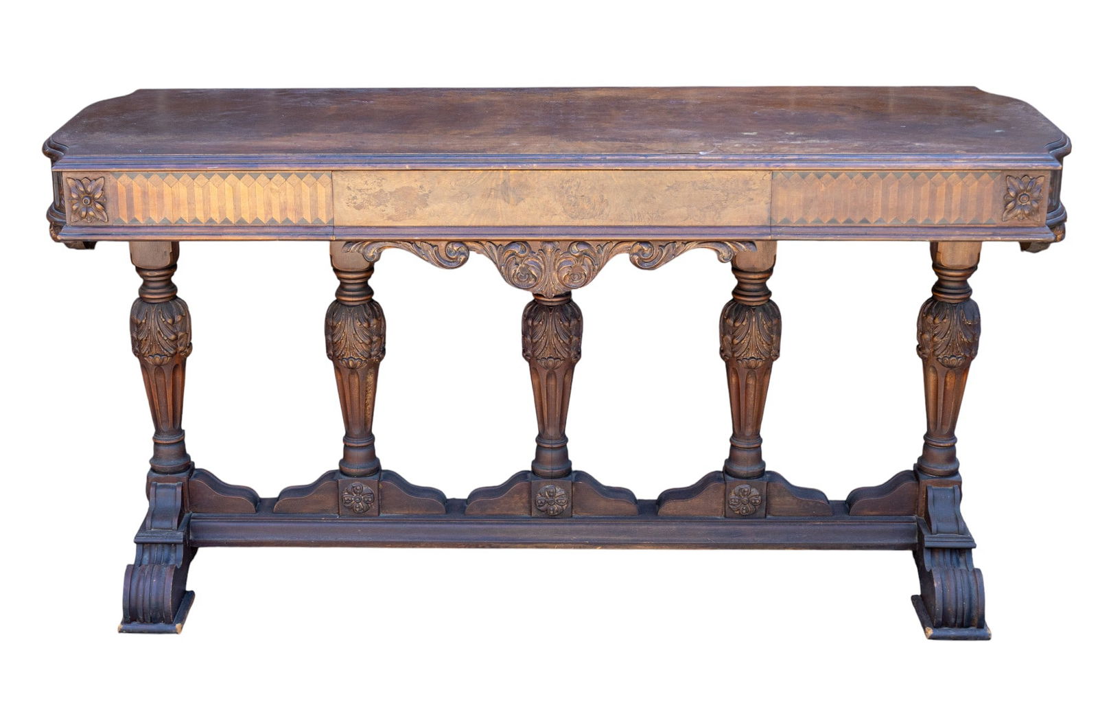 Antique Well-Carved Darkwood Hall Table: Johnson Handley + Johnson Co. antique well-carved darkwood hall table / console table. Carvings with floral and laurel design, likely early 20th C. piece. Measures approx. 30.5" high x 60" long x 20"