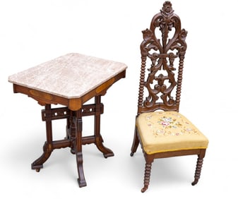 Marble Top Eastlake Table, Highly Carved Chair