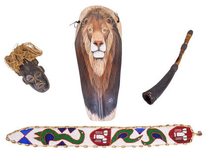 Tribal / Ethnographic Belt, Mask, Horn, Decor: Grouping of African tribal and tribal style art including a carved wood and horn "bugle" with figural carving measuring approx. 20" long, an African tribal style carved wood mask, a beaded sash/belt w