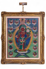 Indian Ceremonial Thangka on Linen, Framed