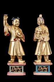 Tudigong + Caishen Chinese Carved Statuettes (2)
