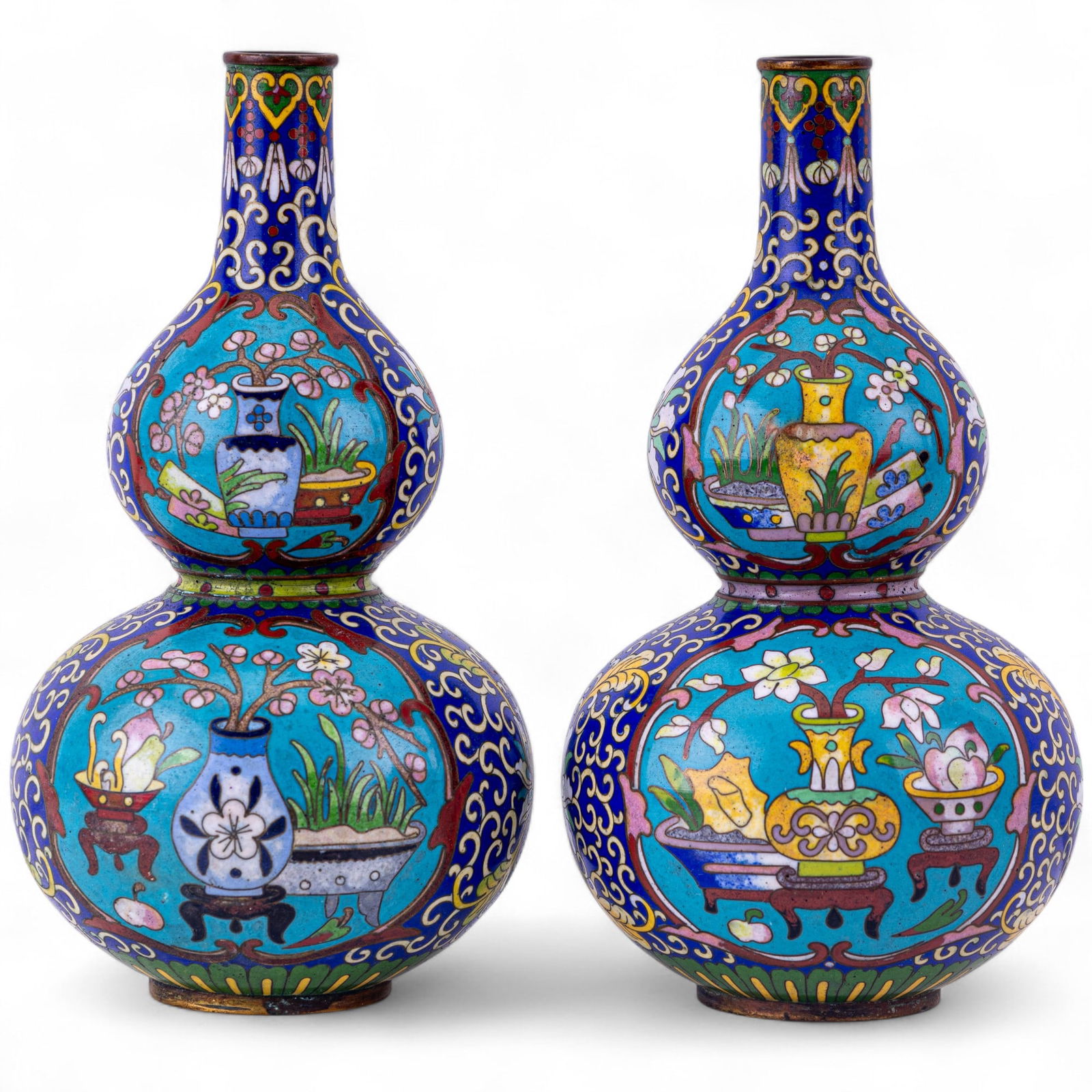 Early Chinese Double Gourd Cloissone Vase Pair (1 of 7)