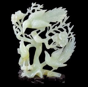 Vintage Chinese Jade Bird + Tree Statue w/ Base