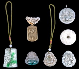 Carved White and Green Hardstone Pendants
