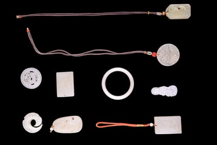 Carved White Hardstone Pendants and Bangle