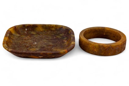 Carved Nephrite Hardstone Bangle and Dish