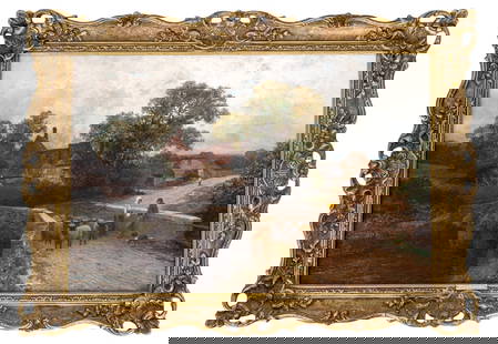 Leopold Rivers Painting (1882) Elstead Surrey: An 1850 signed oil on canvas in ornate gilt frame by British artist Leopold Rivers (1850-1905) entitled View of Elstead Surrey with artist name plaque. Painting measures approximately 25" x 35" in lan