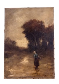 19th C. Home from Market at Dusk (Signed Oil)