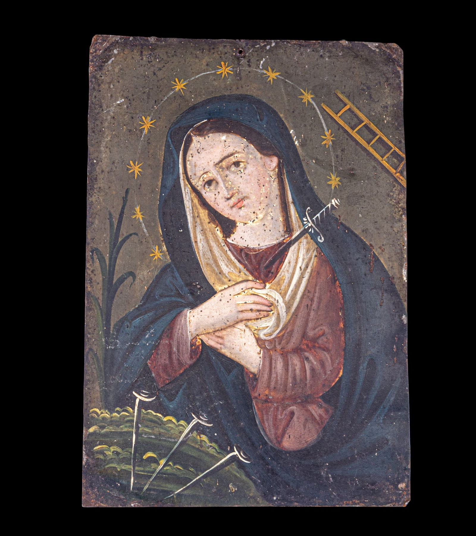 19th C Mexican Retablo Our Lady of Sorrows: Oil on tin 19th C Mexican painted retablo depicting the work 'Our Lady of Sorrows', note wear from age, but in fine condition, measures approx. 7" W x 10.25" H.