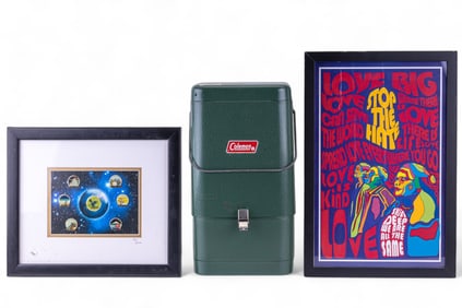 Coleman Lantern, Poster, + Worlds Fair Pins