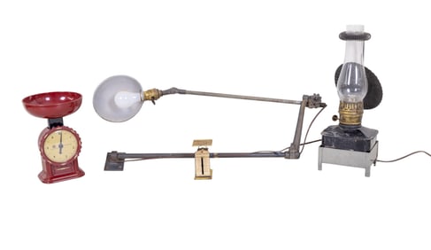 Early Lighting and 2 Vintage Kitchen Scales