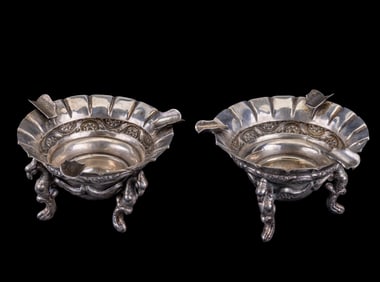 Art Deco Alpaca Silver Figural Footed Ashtray Pair