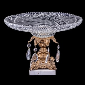 Vintage Cut Glass Compote, Bronze and Marble Base