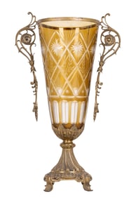 Bohemian Cut Amber Glass and Brass Vase