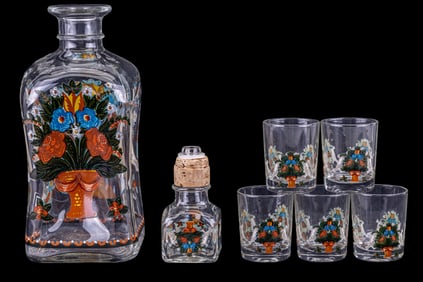 W. German Vintage Enamel Glass Decanter + Glasses