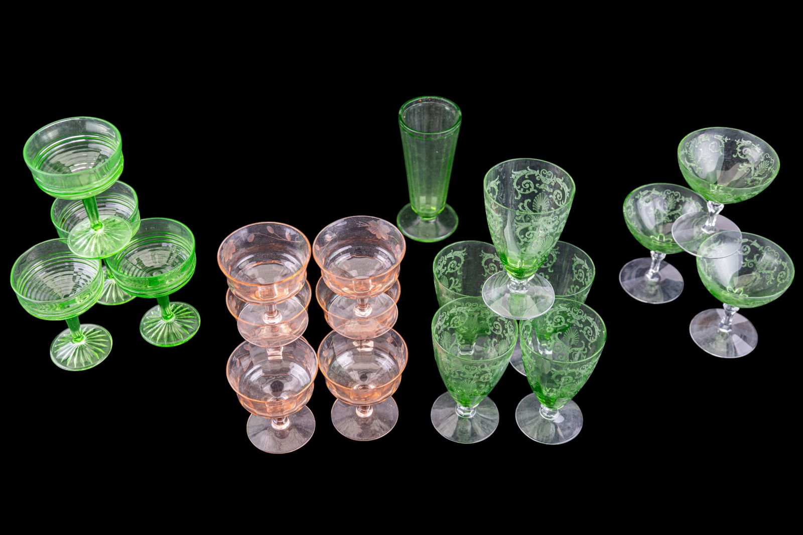 Uranium and Rose Depression Glass Stemware (1 of 10)