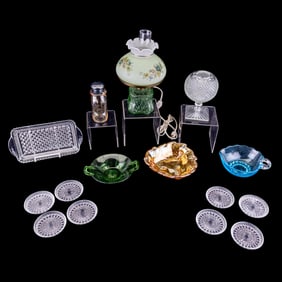 Vintage Depression Glass Lamp and Dishes