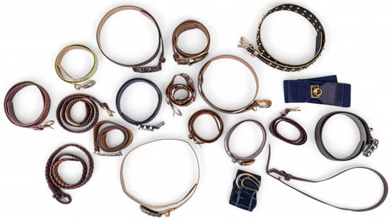 Designer Leather Belts: An assortment of leather and other vintage belts featuring designers such as Per Se, Rebecca Minkoff, Ralph Lauren, Carlisle, and Toledano. Various sizes.