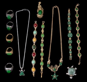 Chinese Silver + Gold Tone Green Hardstone Jewelry