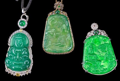 Large Chinese Carved Green Hardstone Pendants
