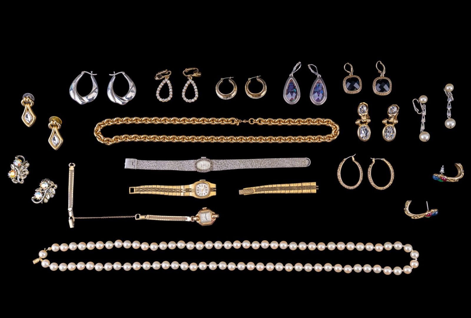 Designer and Sterling Jewelry, Vintage Watches: Designers include Coro (clip earrings with aurora borealis), Trifari (earrings with color stones, and rhinestone teardrops), Marvella (pearl necklace ~30" and earrings), Napier (hoop earring with row