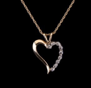 14K Gold Necklace, Gold Diamond Heart Pendant