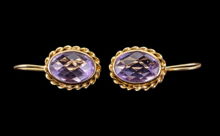 18K Gold Large Amethyst French Hook Drop Earrings