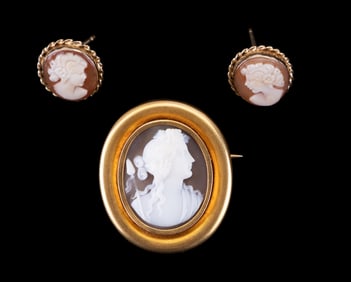 Early Gold Cameo Brooch, 14K Cameo Earrings