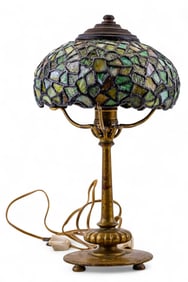 Art Deco Bronze Stained Leaded Glass Table Lamp