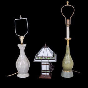 Slag Glass, Crazed, Green Glaze Lamps (3 Pc.)