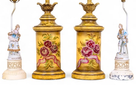 2 Pairs of Vintage Lamps, Figural, Yellow Floral