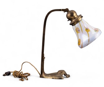 Arts and Crafts Brass Lamp with Blown Glass Shade