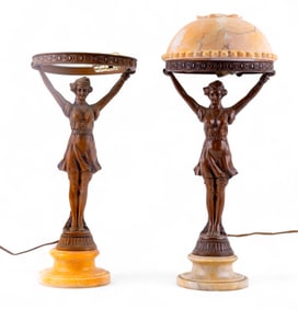 Art Nouveau Figural Lamps, Alabaster Bases (2 Pc.)