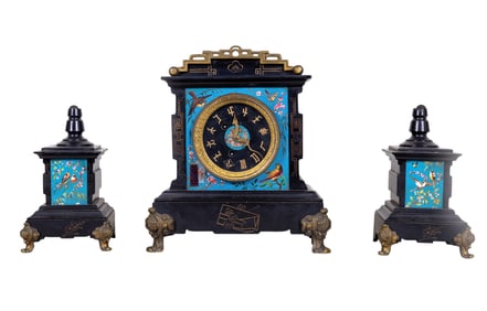 Chinese Black Cloisonne Clock Set ( 3 Pc.)