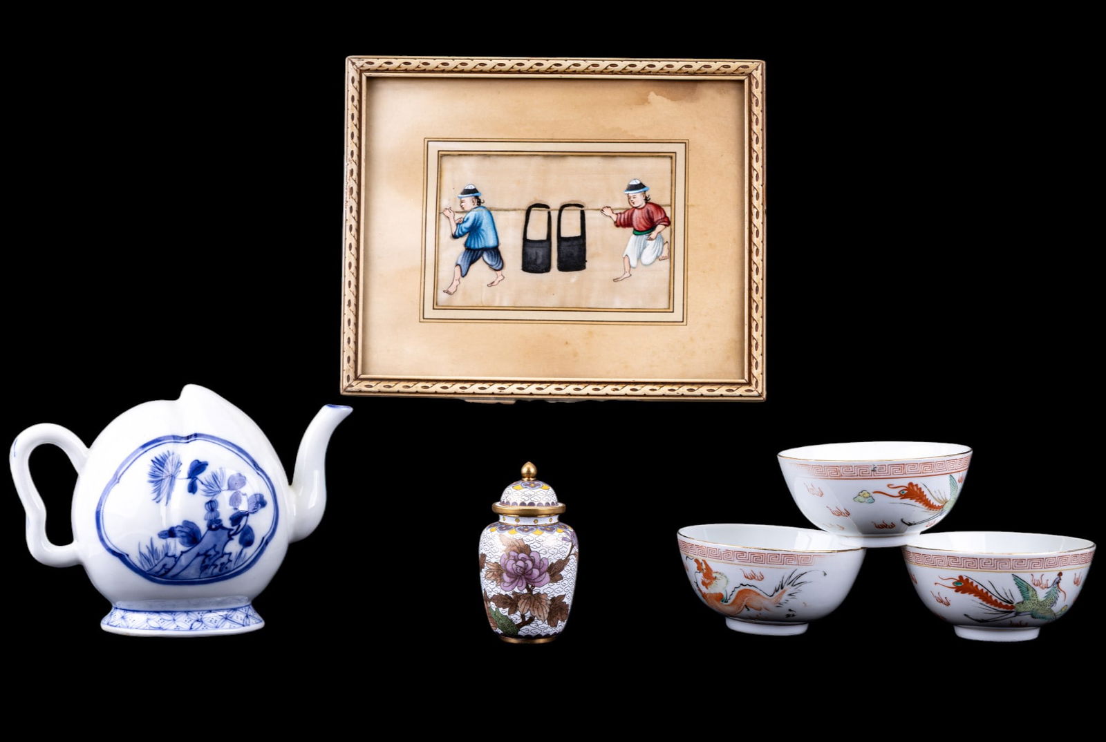 Grouping of Chinese Trinkets & Porcelain: A handpainted Chinese pastel in frame11" x 9" OD, Chinese blue and white teapot with no top opening in peach form. 3 handpainted Chinese bowls and mini Cloisonee urn.
