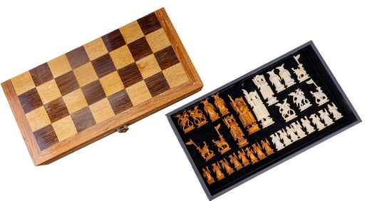 Carved Natural Material Asian Chess Set in Case