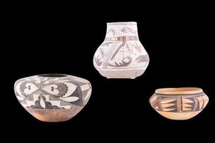 Native Zuni Pottery Jar, Hopi Bowl, and Acoma Olla