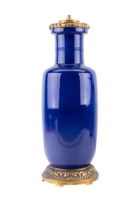 French Blue Vase with w/Bronze Base