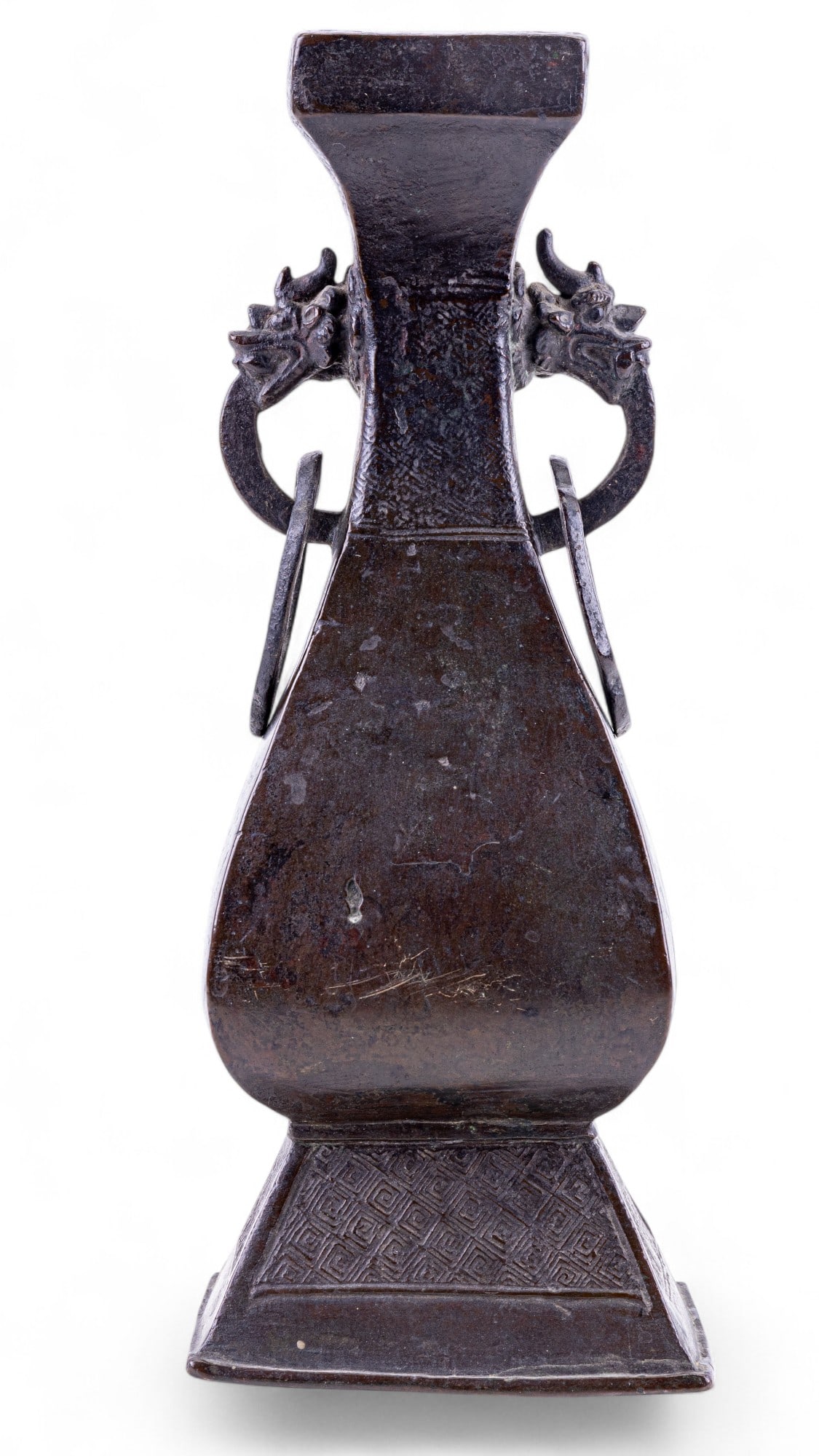 Antique Chinese Hu-Form Bronze Vase: An antique Chinese bronze Hu vase measuring approx. 9.5" high. Item has dragon handles and handle rings. Condition as seen in photography.