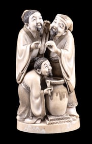Japanese Carved Okimono, 3 Sake Tasters