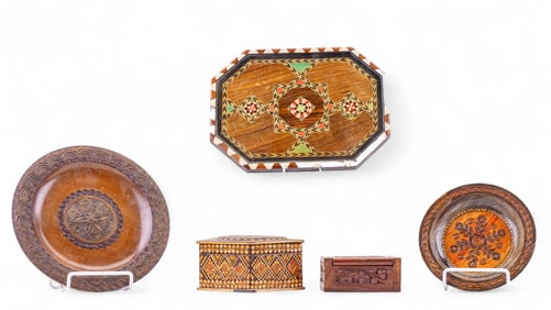 Carved Wood and Parquetry Boxes and Plates