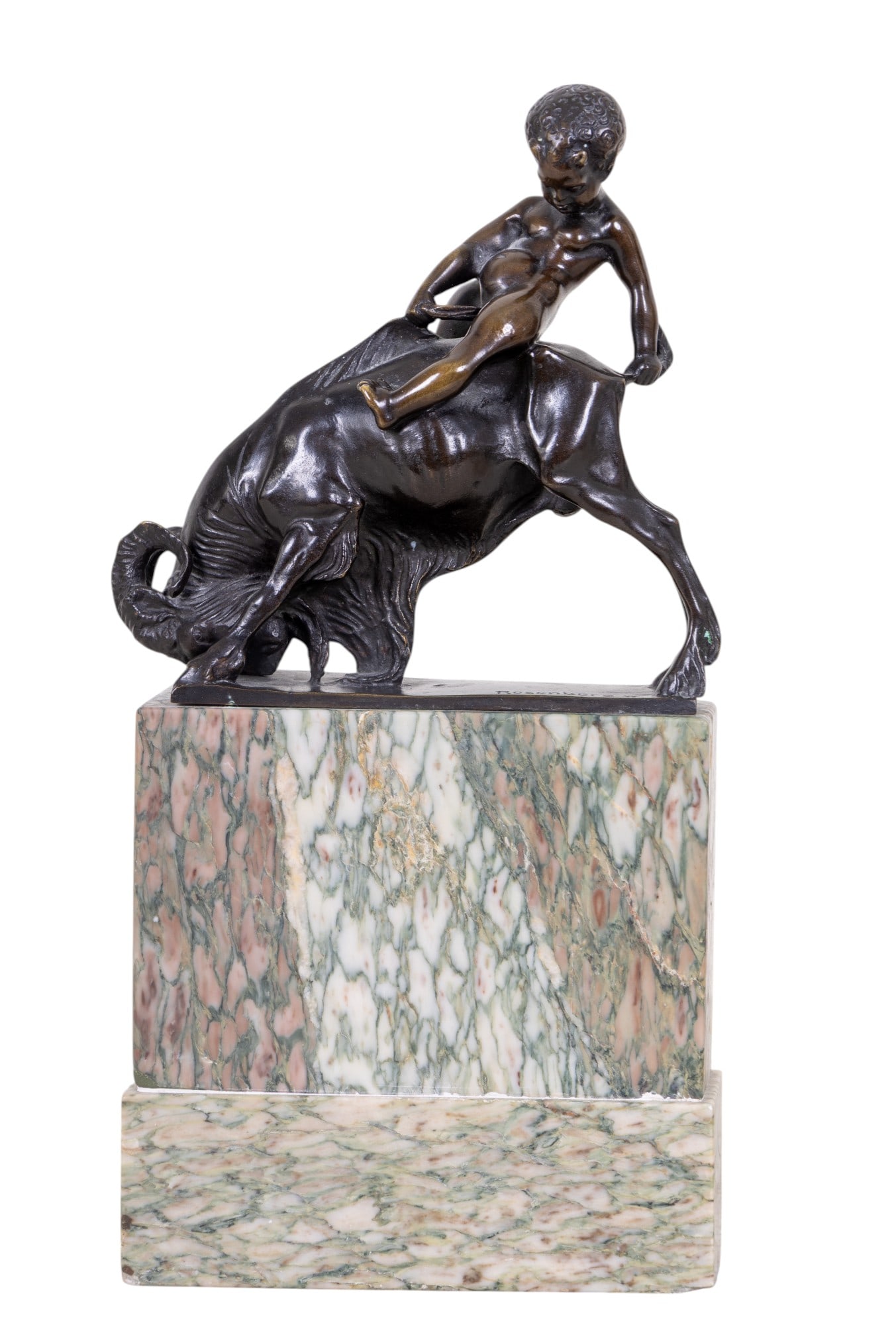 Bronze Satyr Statuette, Signed Rosenberg: A bronze statuette on a pink marble triangular vase, depicting a satyr riding a ram, signed 'Rosenberg W', measures approx. 6" W x 3" D x 12.5" H.