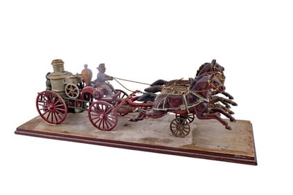 Antique Cast Metal Three-Horse Fire Engine Model